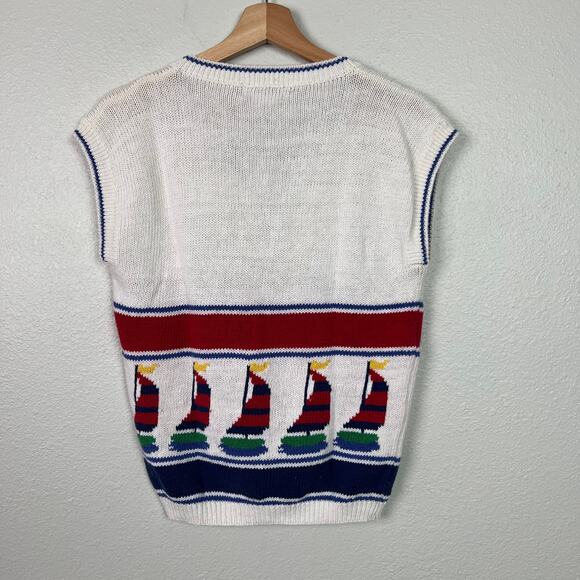 SKYR Vintage Sweater Vest Sailboats 80's 90's Nautical Size 38 Ramie Cotton Knit - Picture 6 of 7